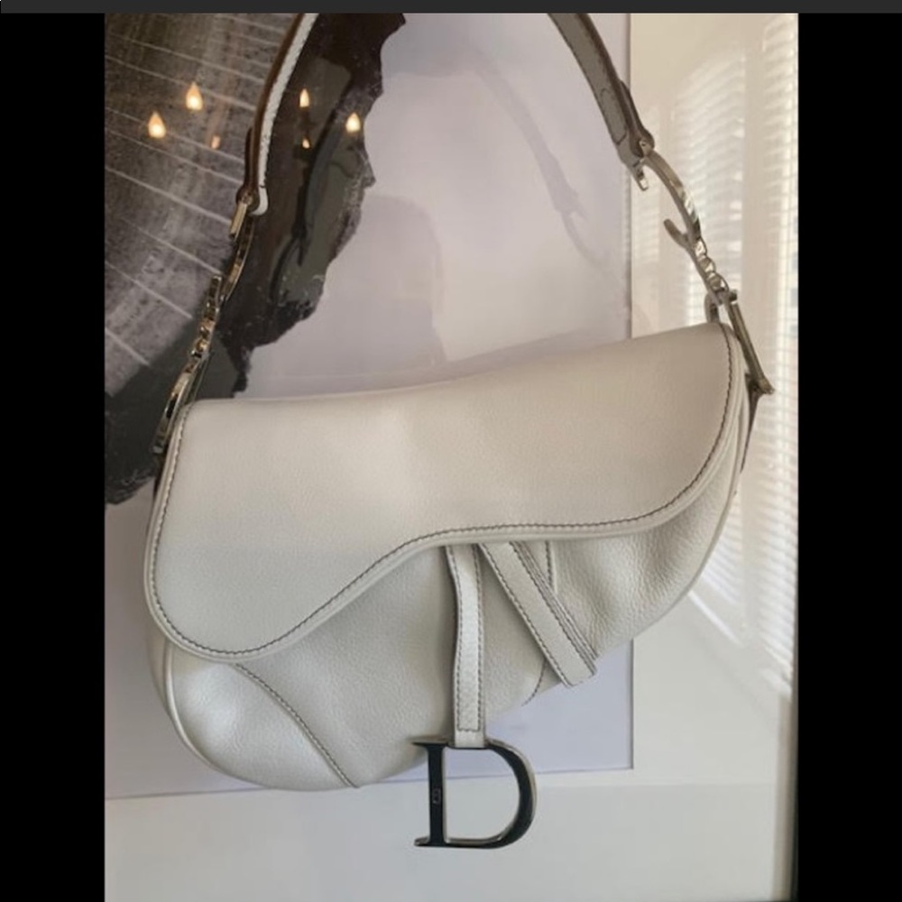 Dior White Leather Saddle Bag